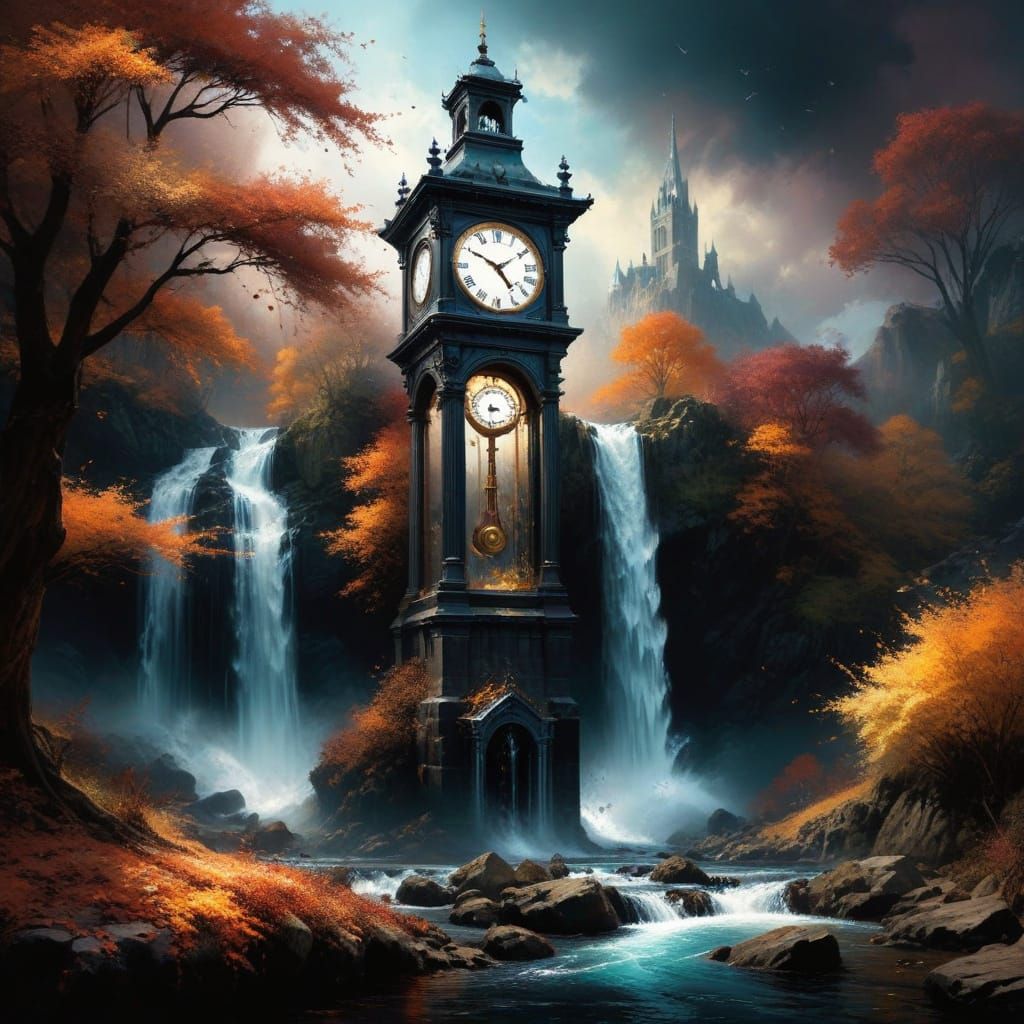 Timeless Autumn Masterpiece with Clock Tower and Waterfall