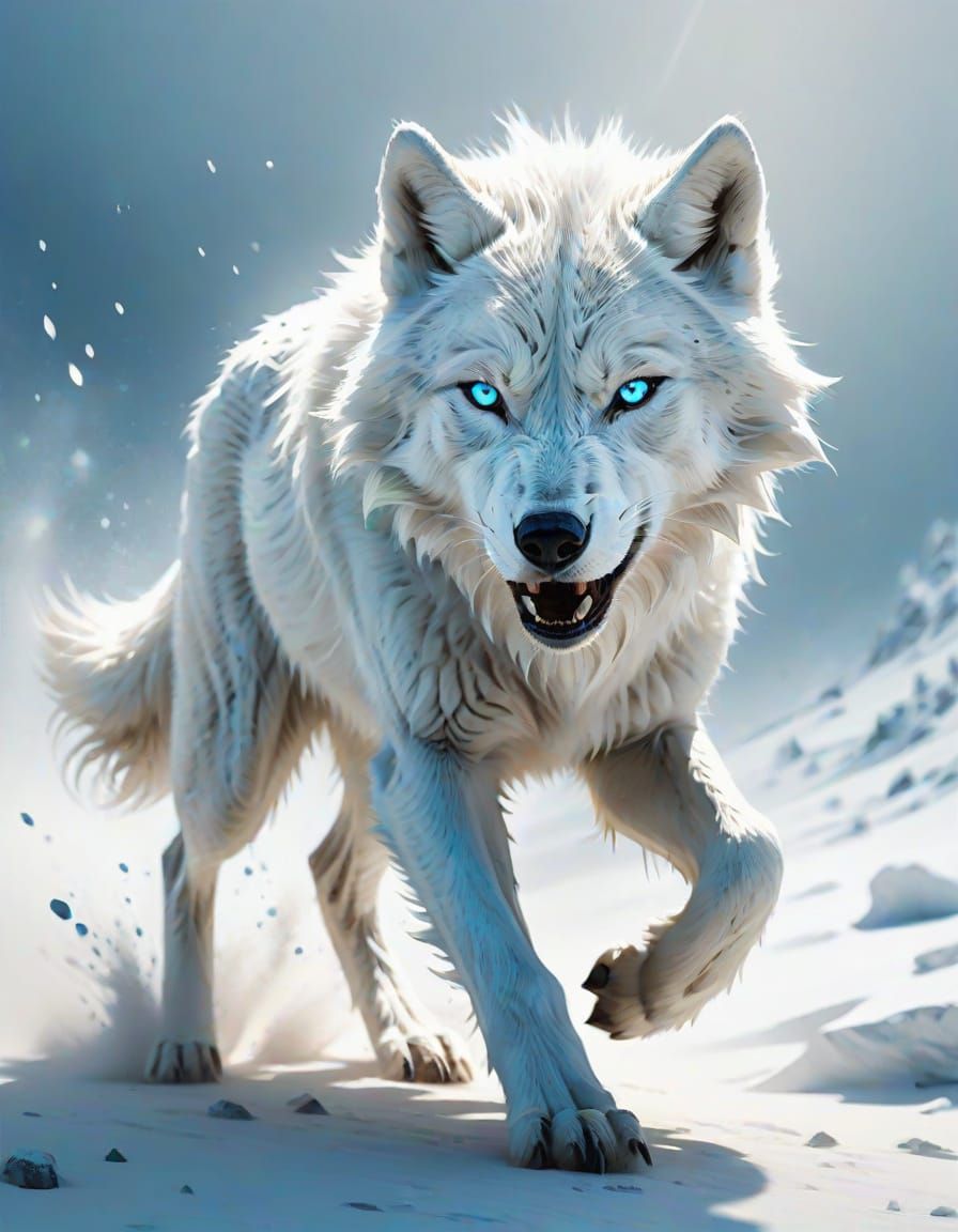 White Wolf in Dynamic Pose with Blue Glow