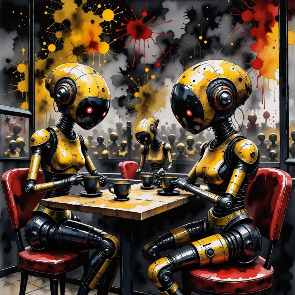 Androids in a Cyberpunk Coffeeshop Scene