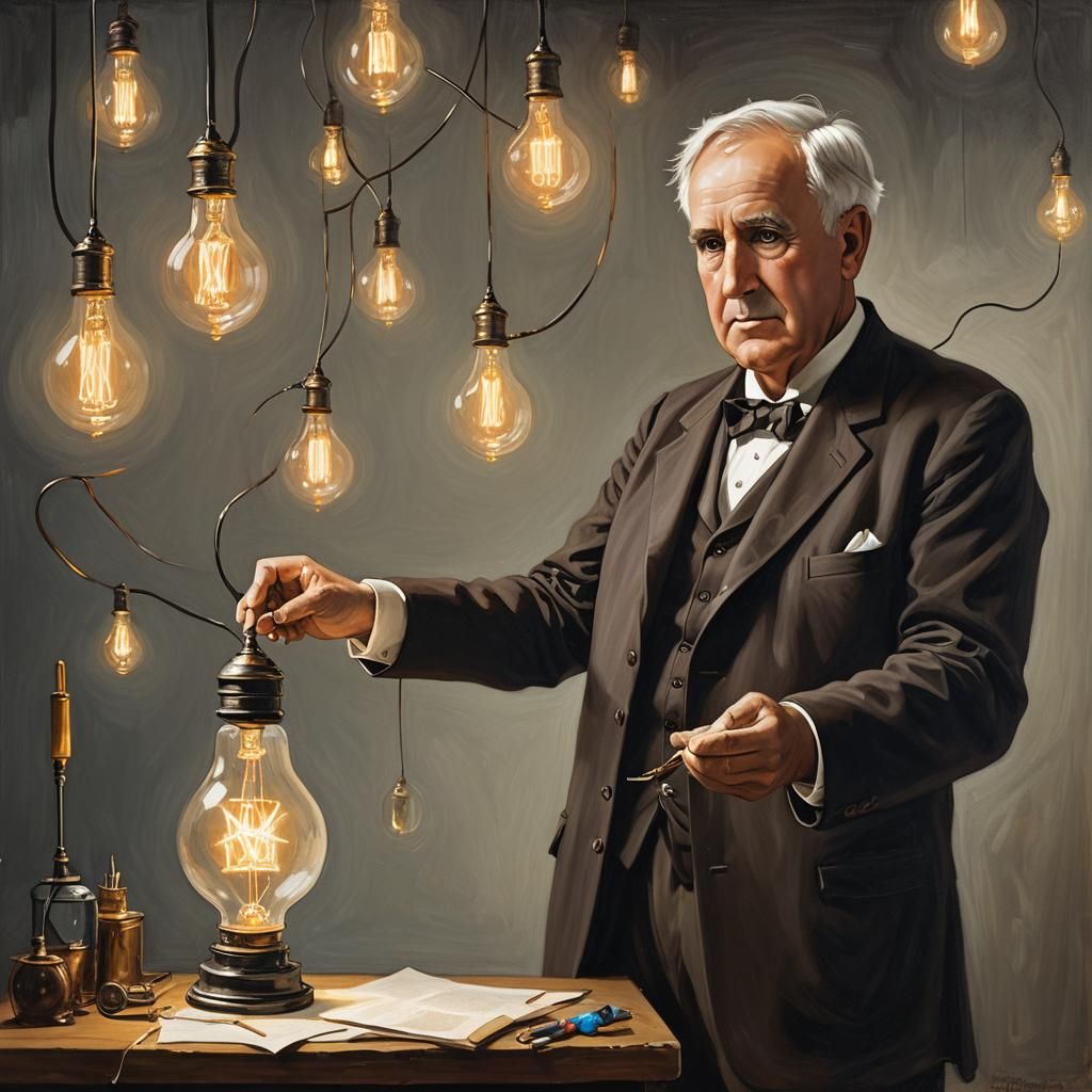 Whimsical Painting of Edison's Light Bulb Invention
