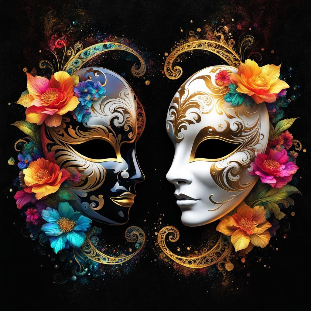 Yin Yang Theater Masks in Alcohol Ink Style