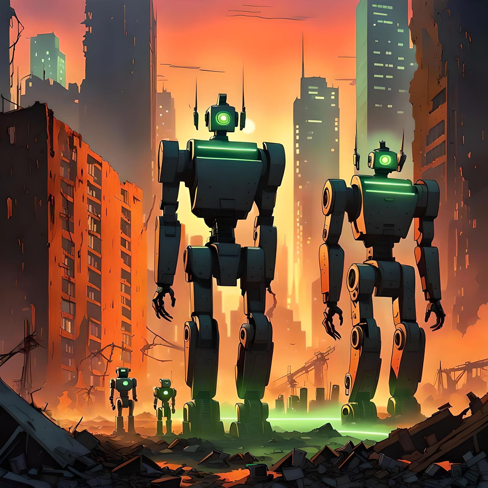 Robots in Ruined Cityscape: Neo-Impressionist Art