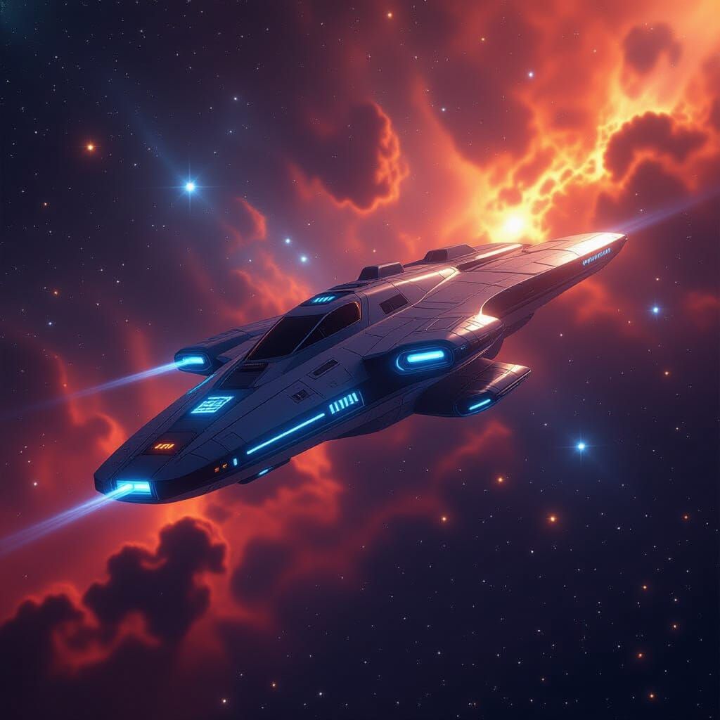 Science Fiction Starship Drifting Through Nebula
