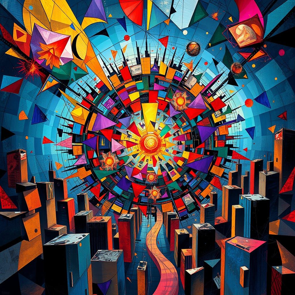 Multiverse of Vibrant Cubist Chaos in Art Deco Style