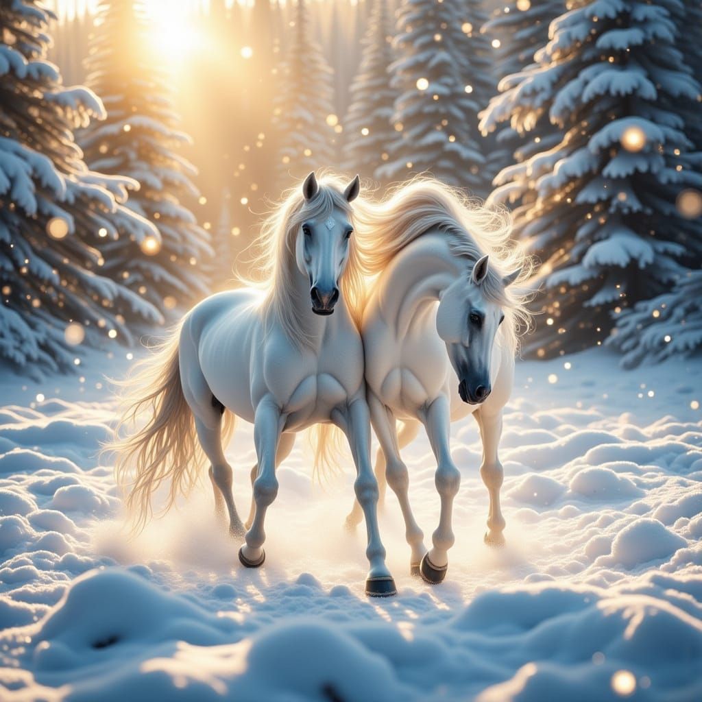 White Arabian Horse and Unicorn in Snowy Twilight