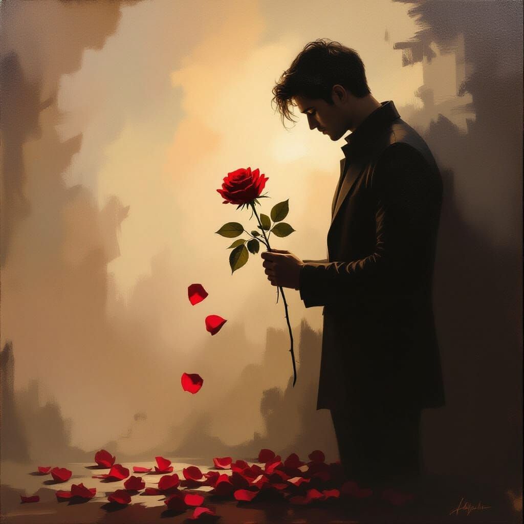 Melancholic Man Silhouette Holding Wilting Rose