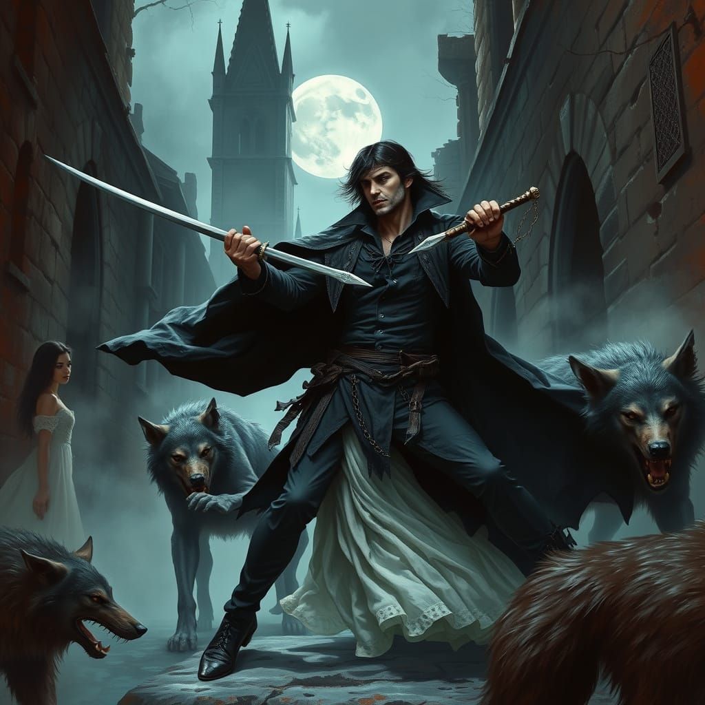 Ethereal Vampire Swordsman Battles Werewolves in Gothic City...