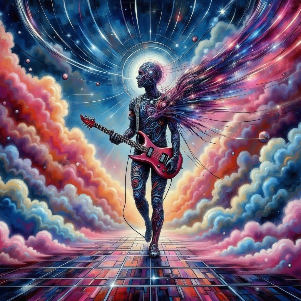 Electric Guitarist in Futuristic Metropolis