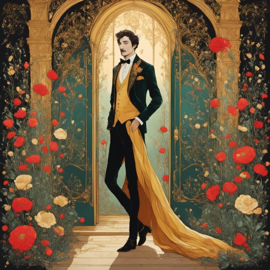 Golden Tuxedo in Castle Hall: Whimsical Cel-Shaded Style