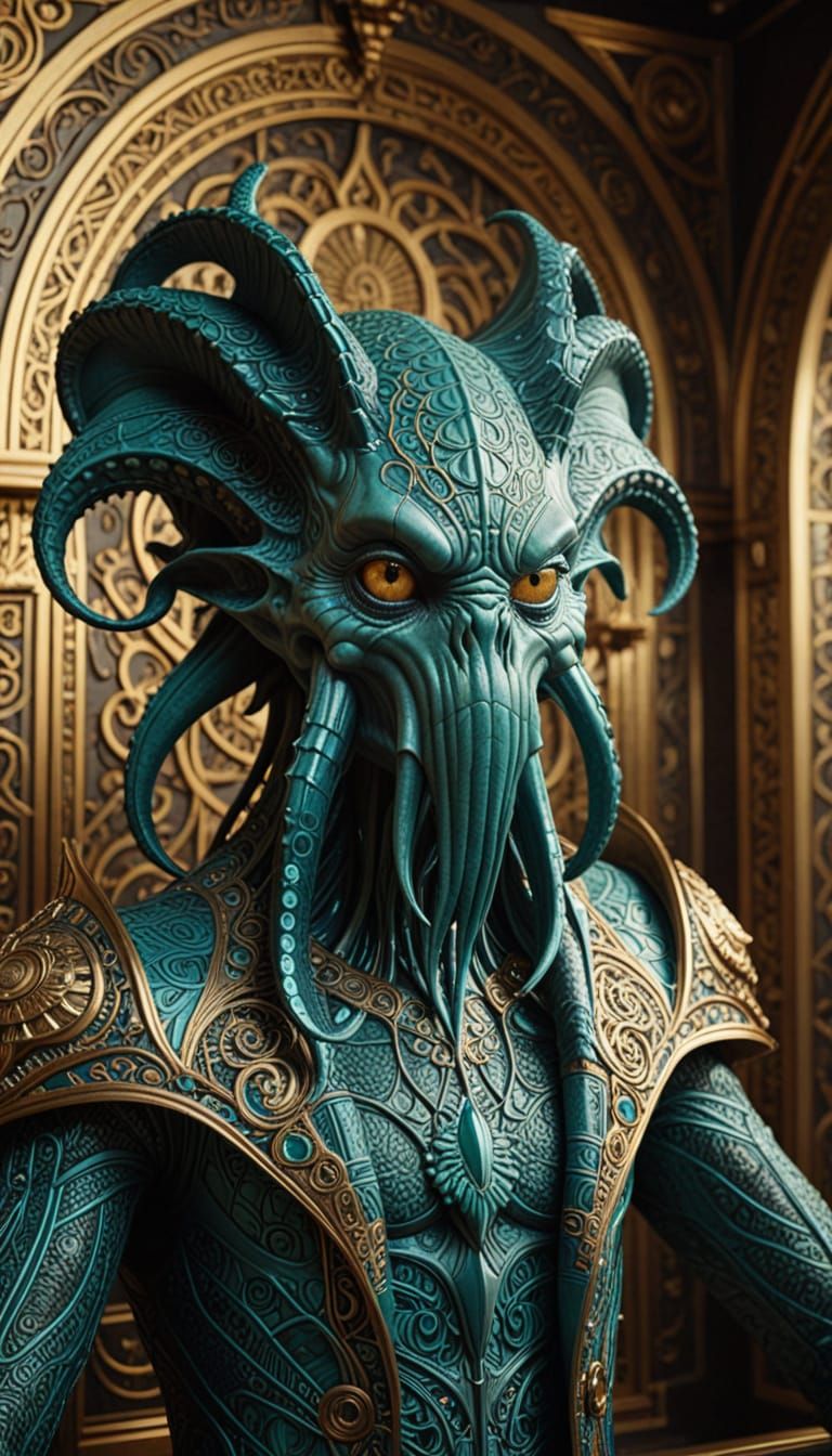 Epic Cyberpunk Creature Portrait in Luxurious Teal and Ivory