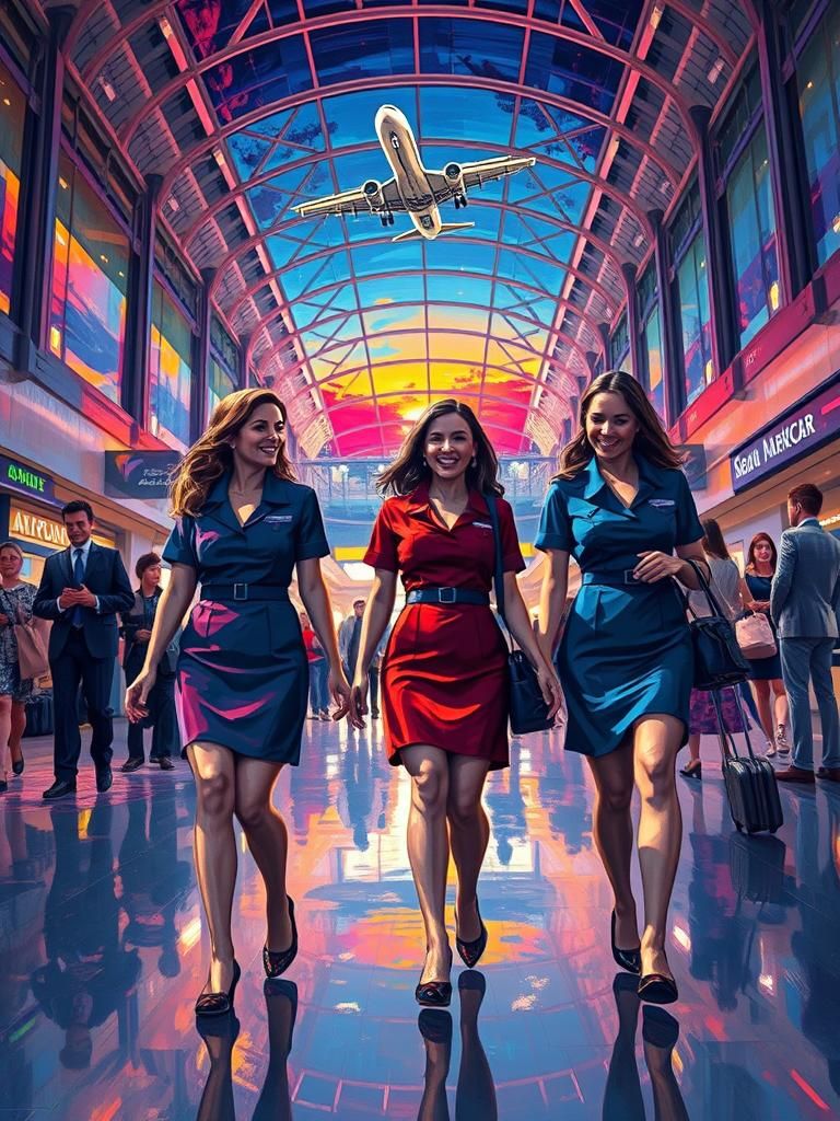 Stewardesses in Airport: Neo-Impressionist Painting