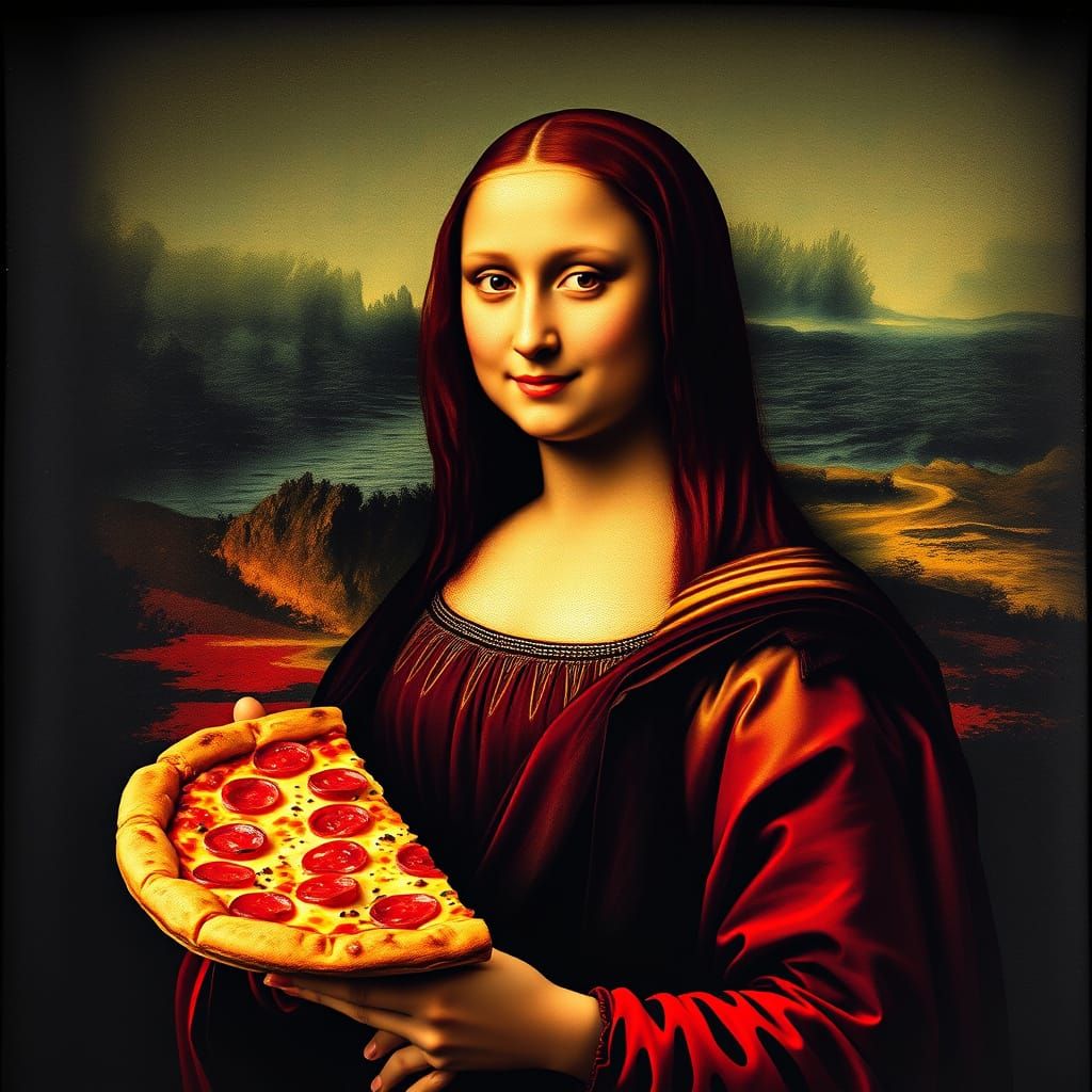 Mona Lisa with Pizza in Comic Book Style