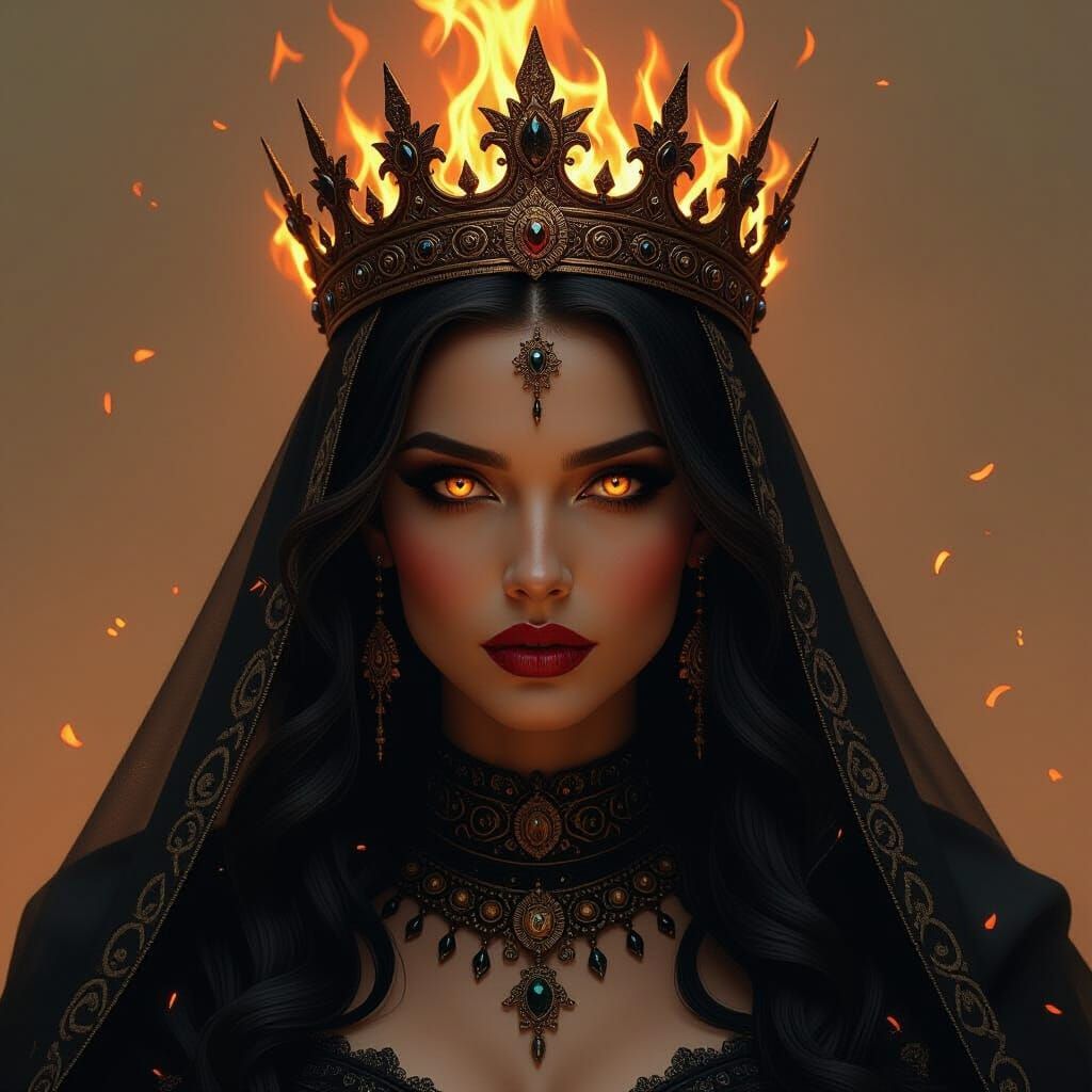 Cursed Desert Queen with Fiery Crown, Dark Fantasy Portrait