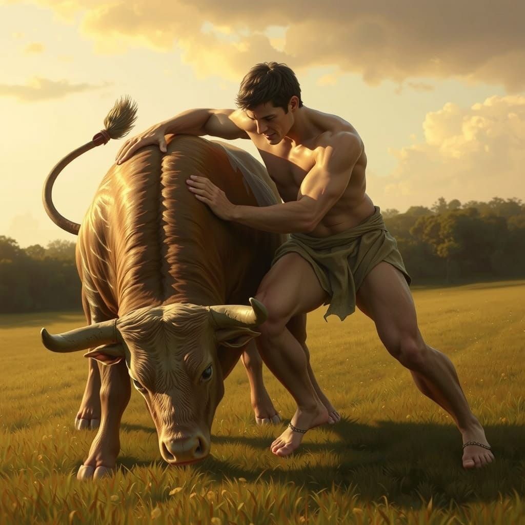 Theseus Wrestles Marathonian Bull in Heroic Art Style