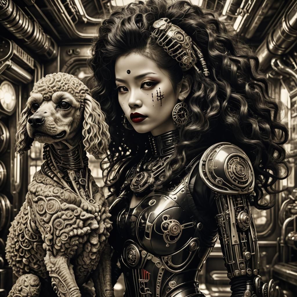 Sepia Japanese Cyborg Poodle in HR Giger Style