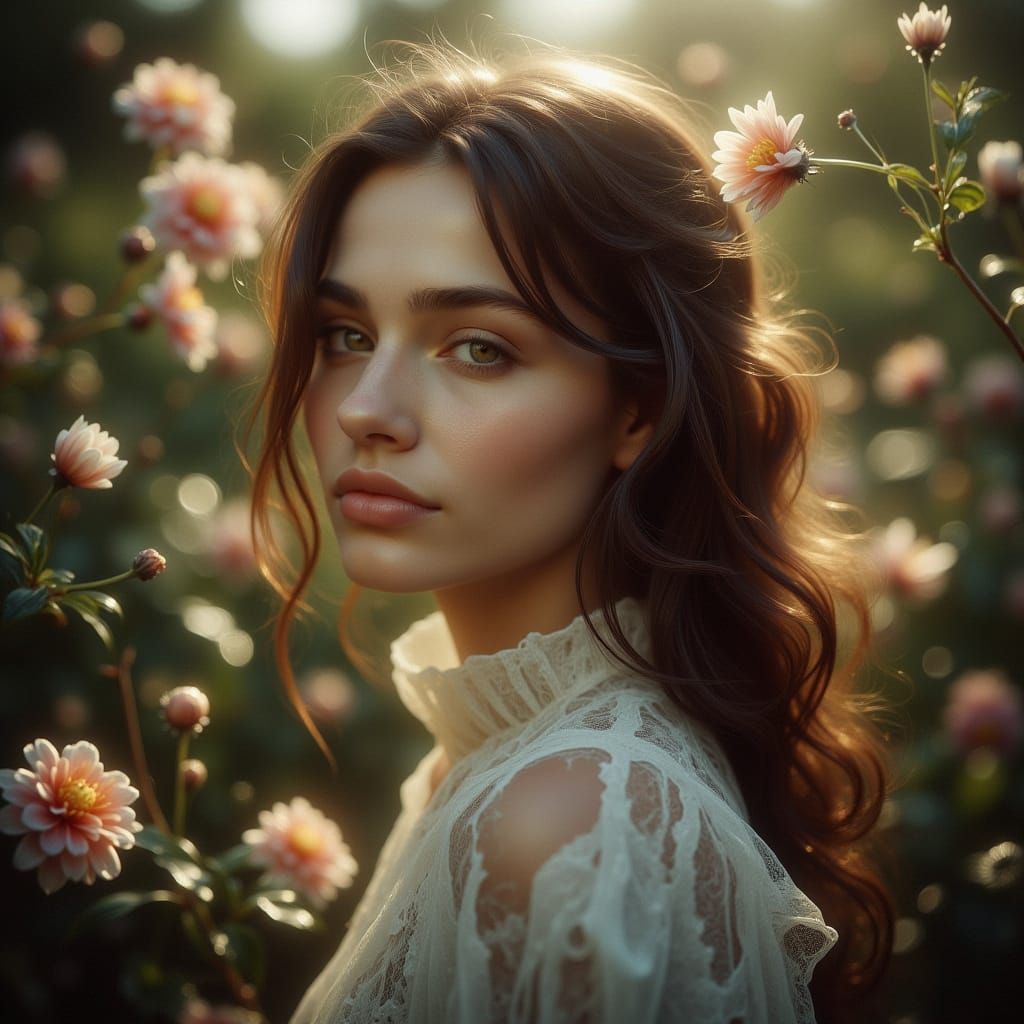 Dreamy Woman in Enchanted Garden Portrait