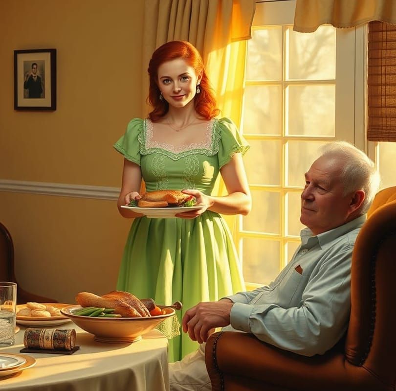 Tradwife Serving Dinner: Oil Painting Style