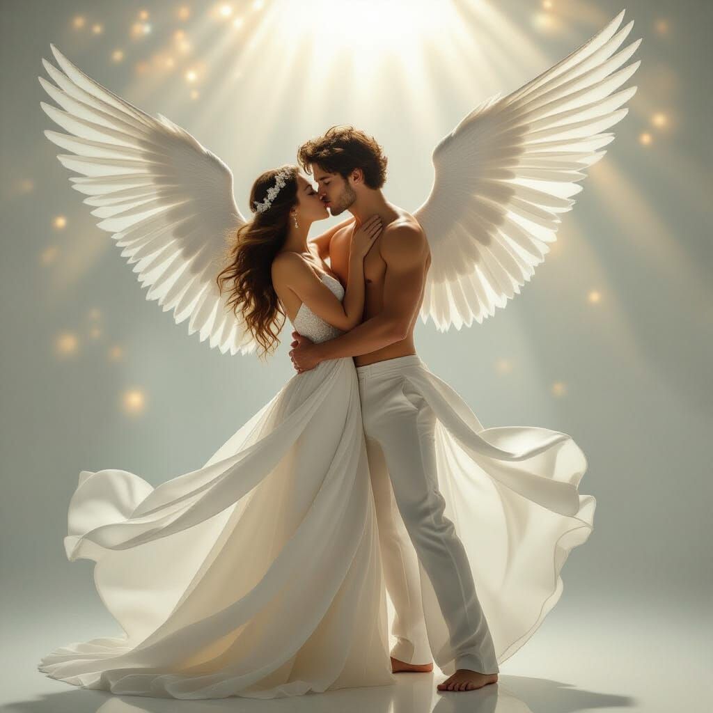 Angels Kissing in Ethereal Light: Hyperrealistic Photography