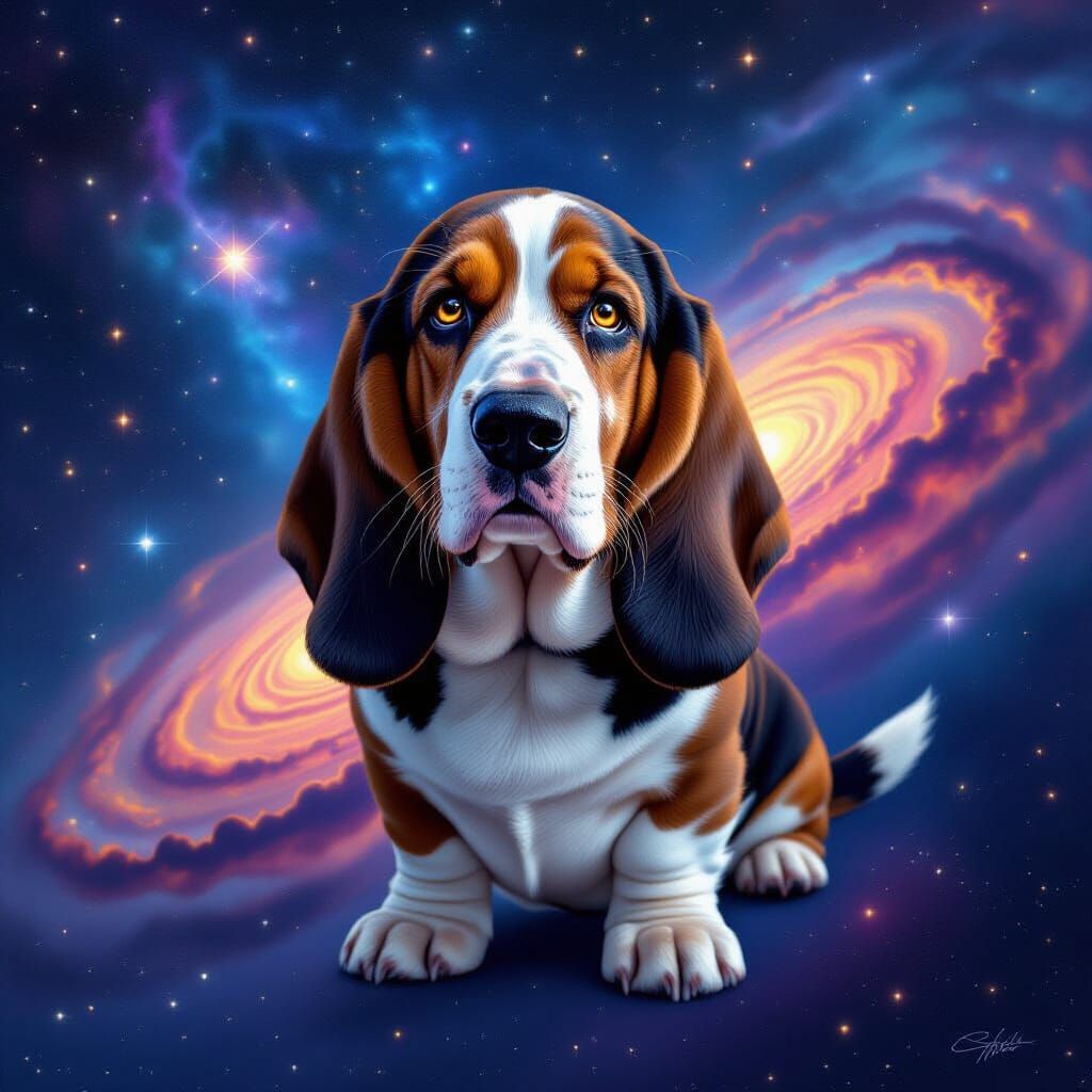Basset Hound Celestial Guardian in Cosmic Space Art Style