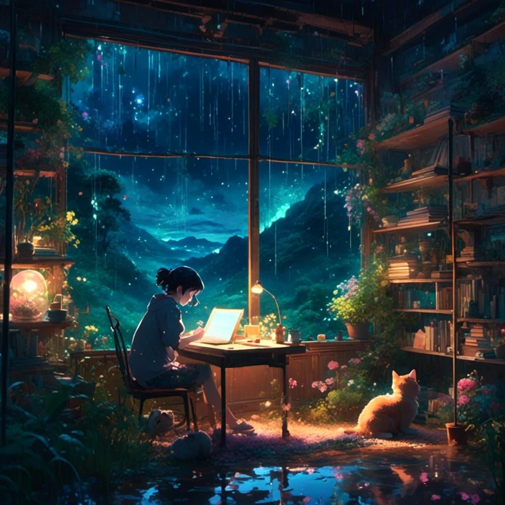 Girl Studying on Rainy Night: Ghibli Anime Style
