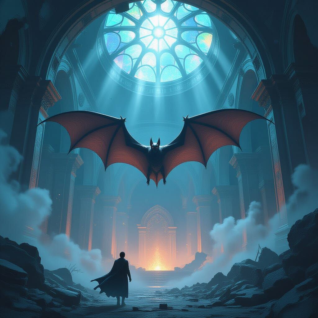 Giant Bat Soaring Through Ruined Temple