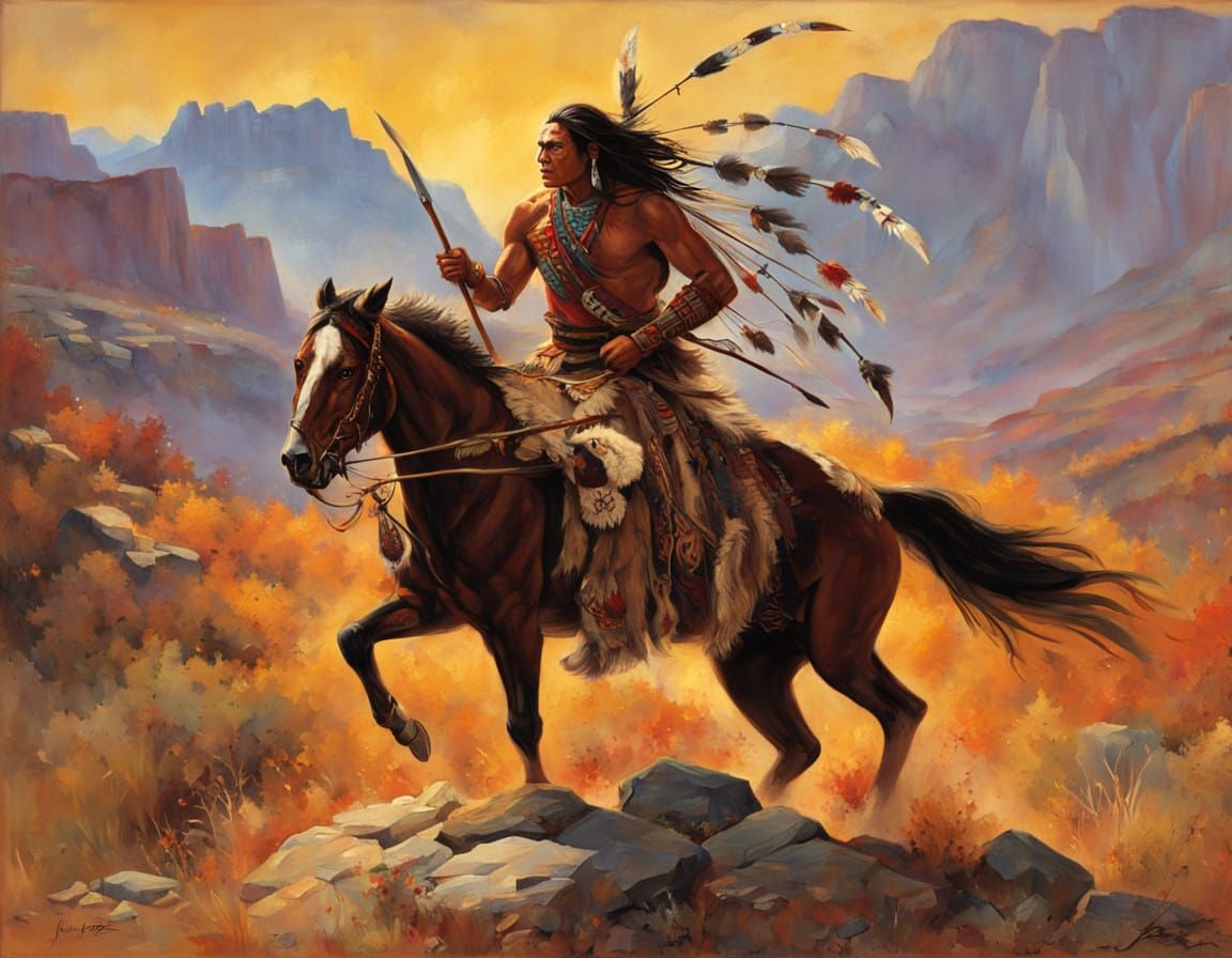 Native American Warrior in Dynamic Fighting Stance, Earthy T...