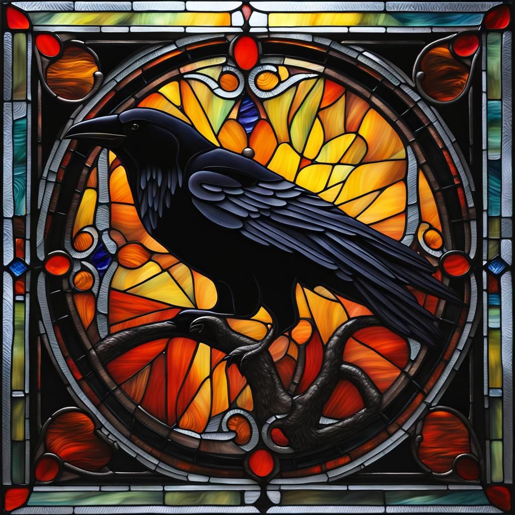 Black stained glass of A black crow