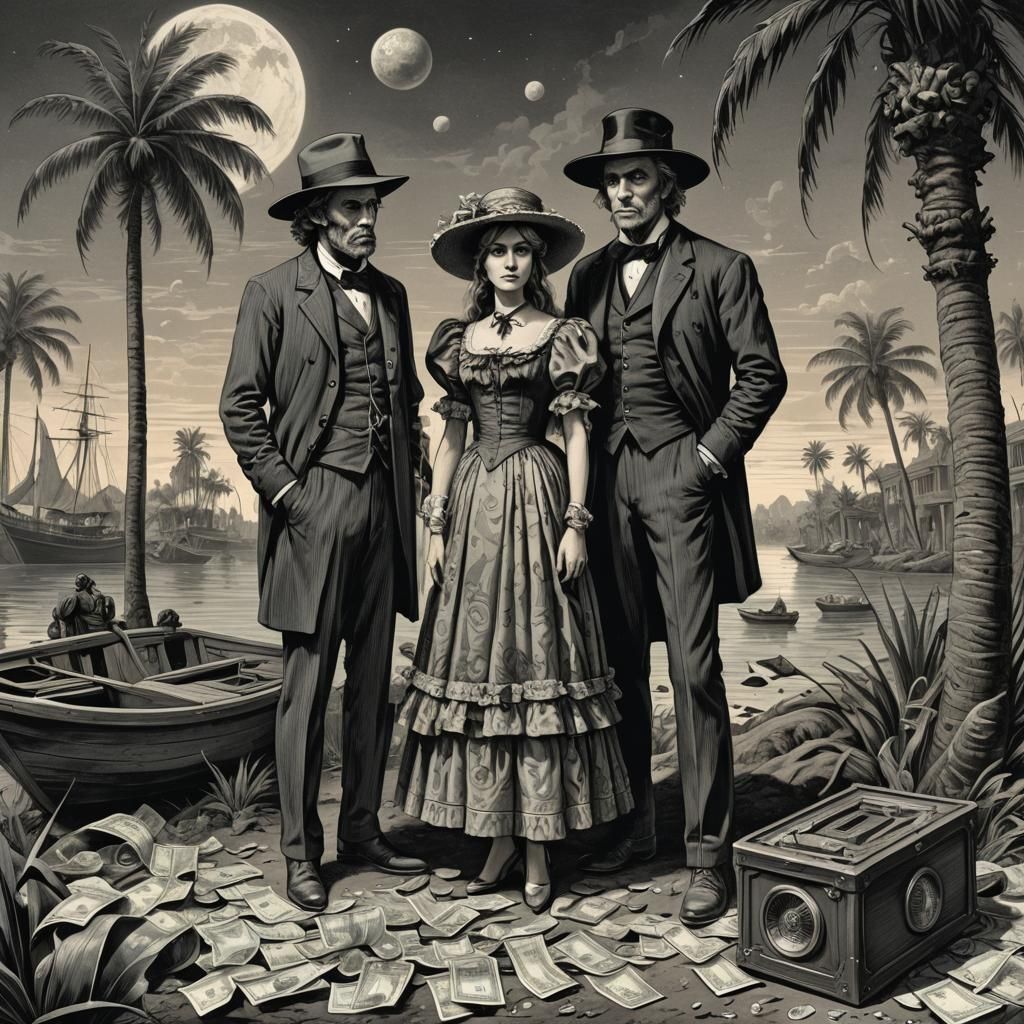 Retro Cartoon Scene with Money, Planets and Palm Trees