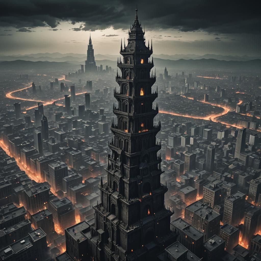 Towering Evil Structure Dominates Dark Cityscape