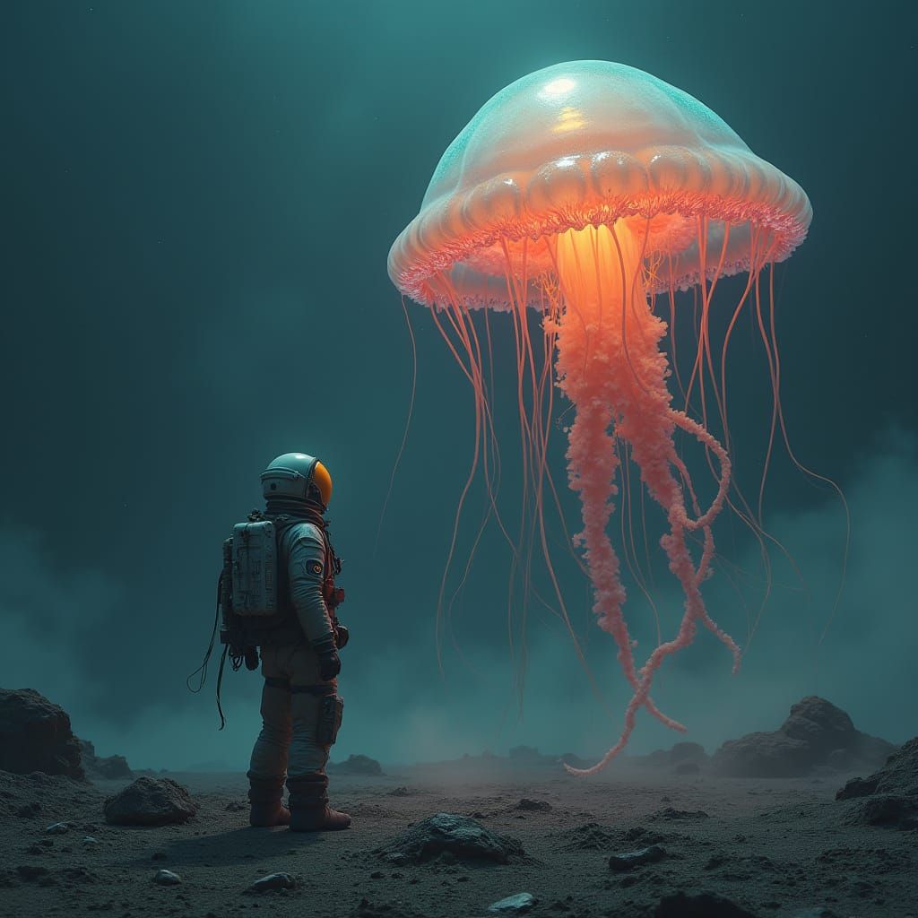 Astronaut and Bioluminescent Jellyfish on Alien Planet