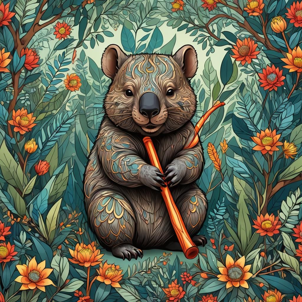 Wombat Plays Didgeridoo in Colorful Australian Scene