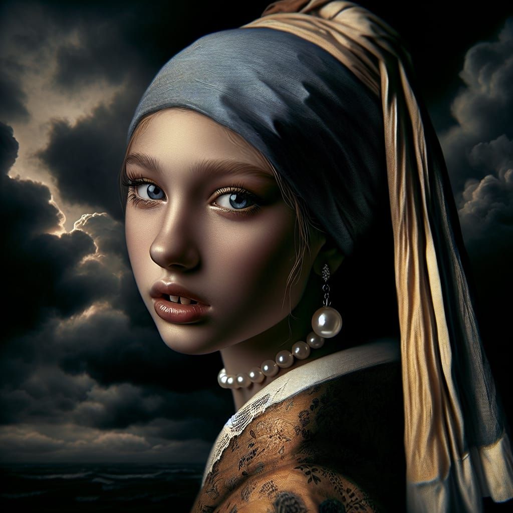 Vampire Girl with Pearl Earring in Hyperrealistic Style