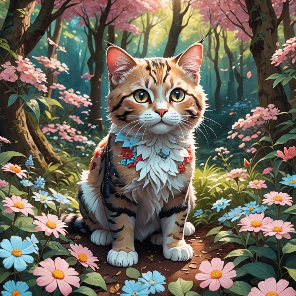 Cute Anime Cat in a Vibrant Forest