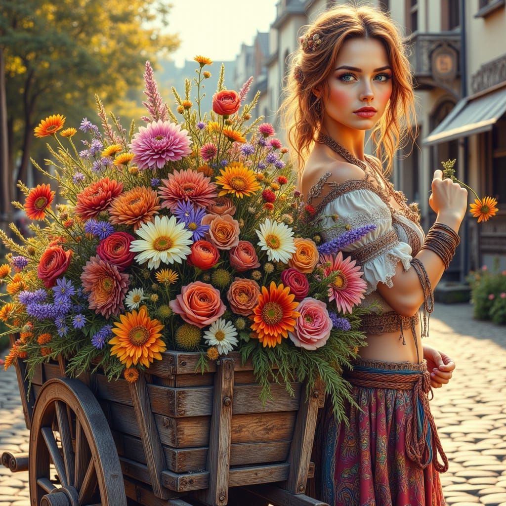 Vibrant Bohemian Art Nouveau Scene of a German Woman with Fl...