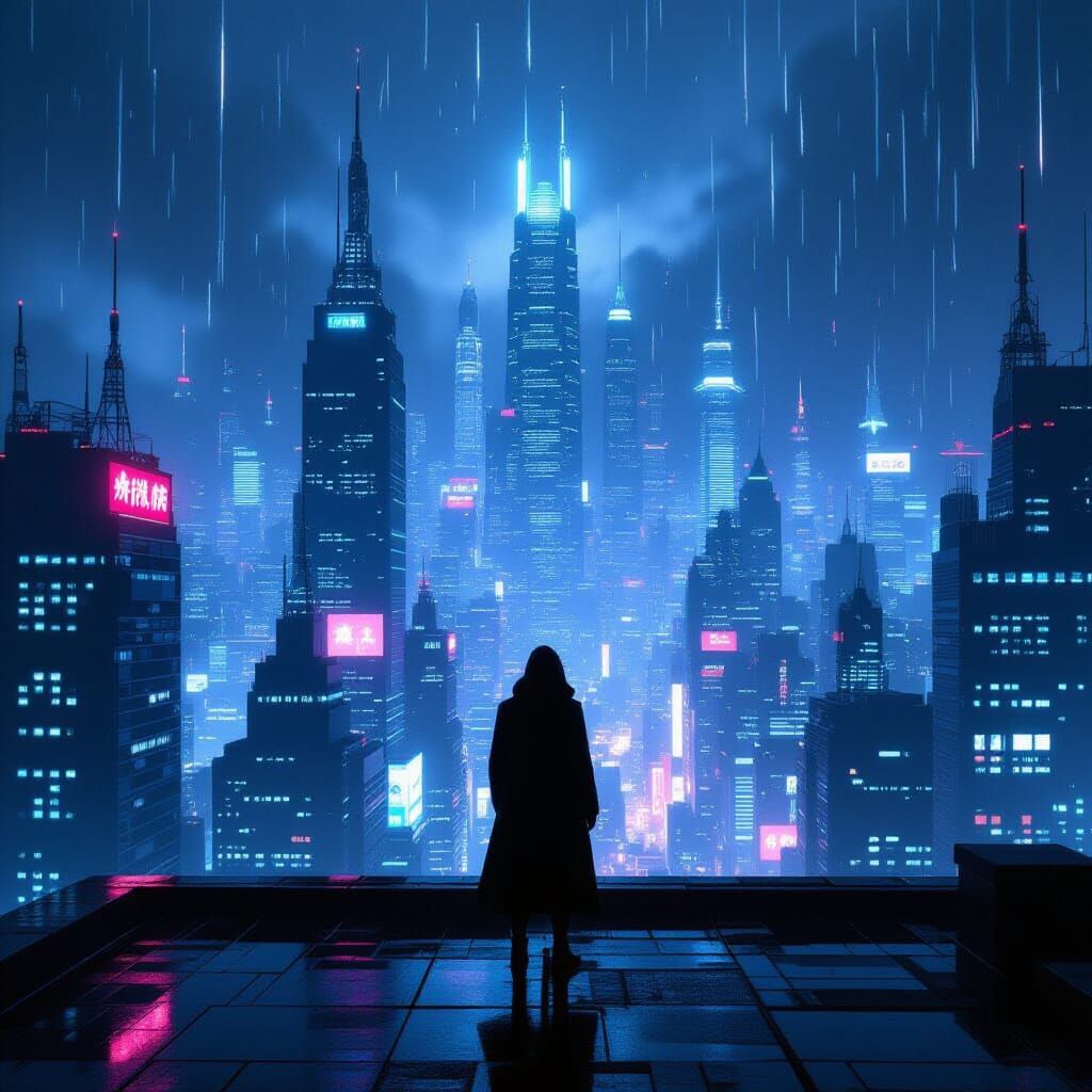 Cyberpunk Figure on Rooftop Overlooking Neon City