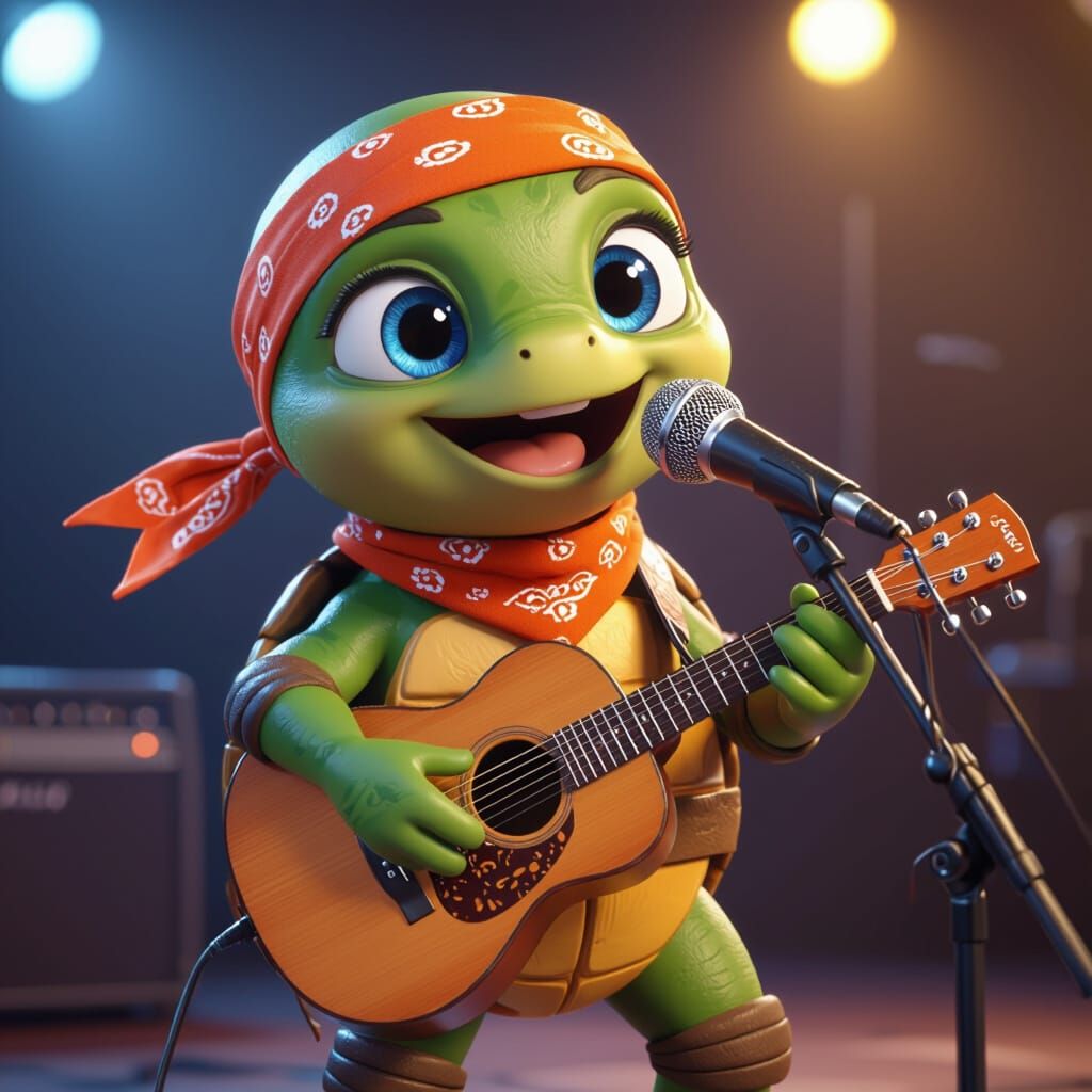 Cartoon Turtle Rockstar in Pixar-Style 3D Render
