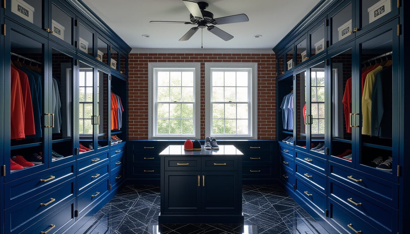 Victorian Walk-In Closet with Blue Glass and Brick Details