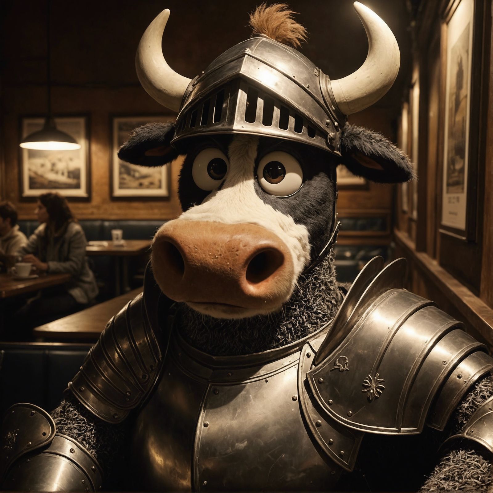 Cartoon Knight Cow in Cafe at Night