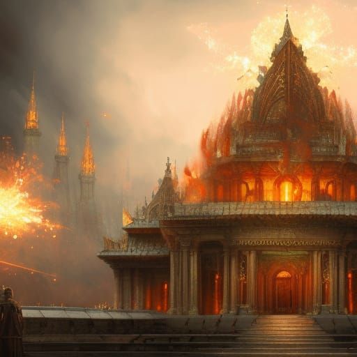 Epic Temple Scene with Sparks and Smoke