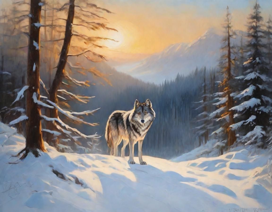 Wolf Roams Through Winter Forest: Oil Painting