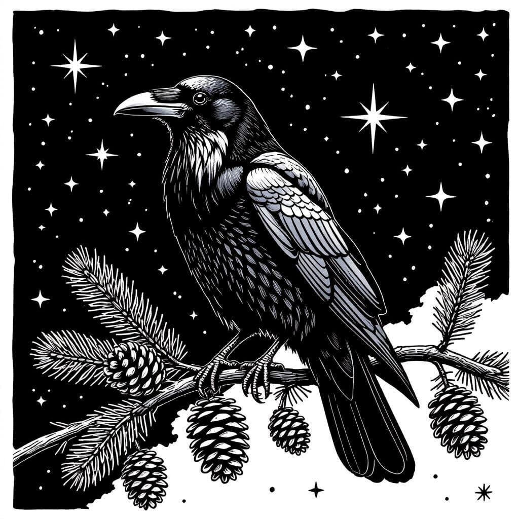 Raven on Pine Branch Line Art in High Contrast