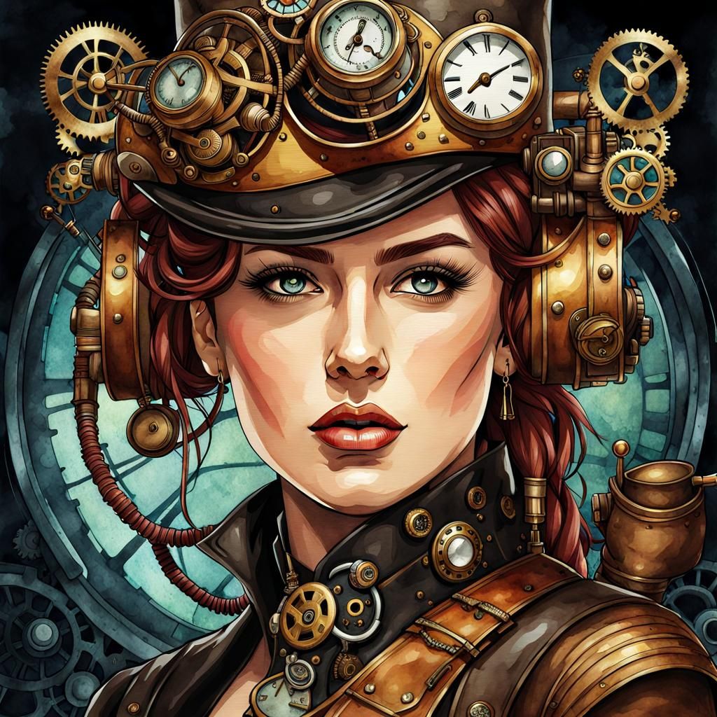 Steampunk Punk Portrait in Watercolor Style