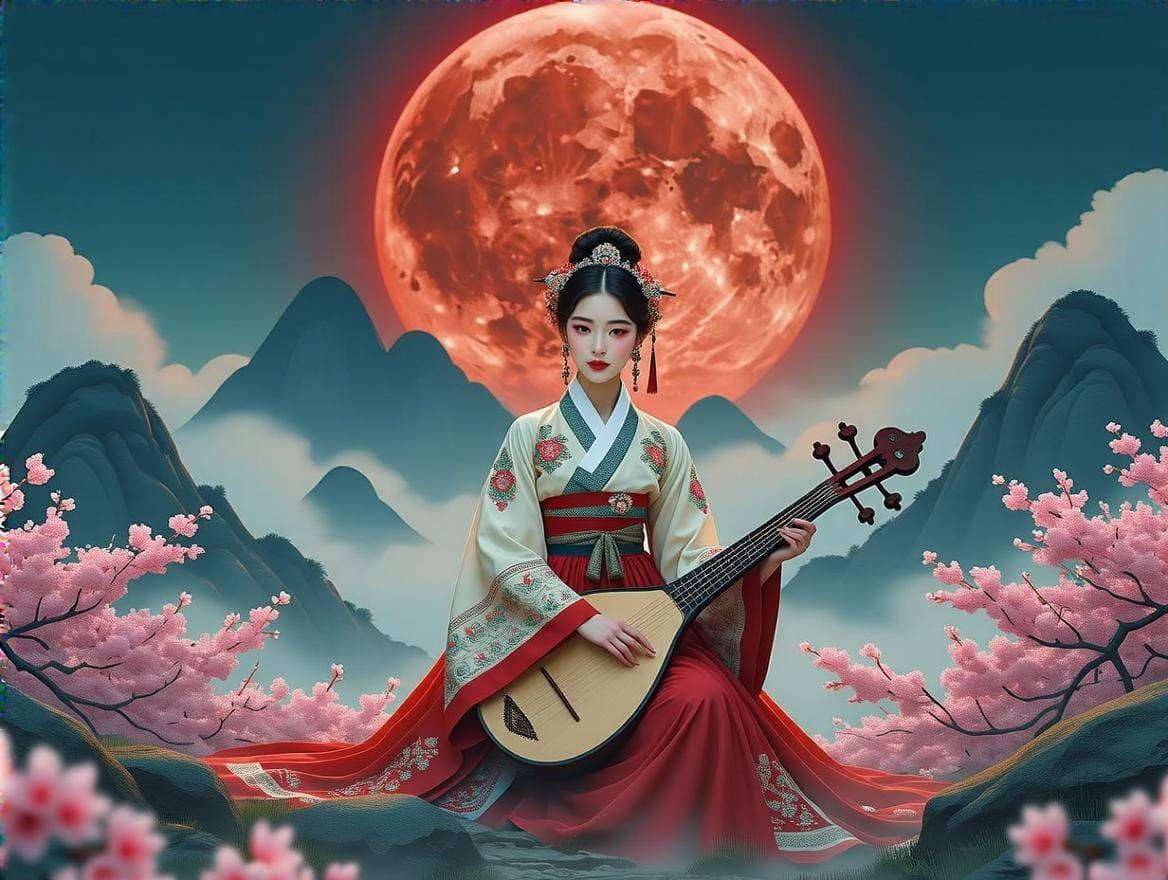 Traditional Korean Beauty Poses with Gayageum under Blood Re...