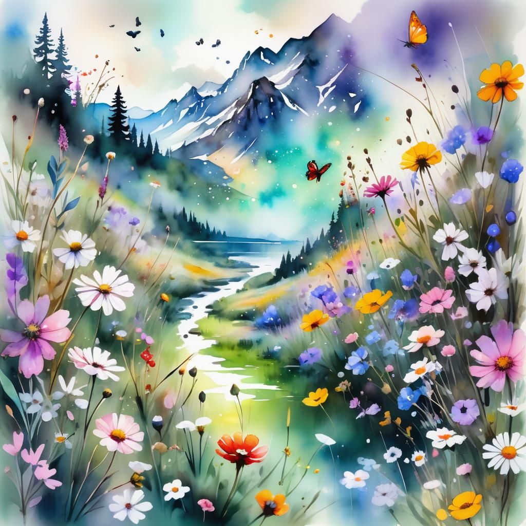 Ethereal Cosmic Meadow in Vibrant Watercolor