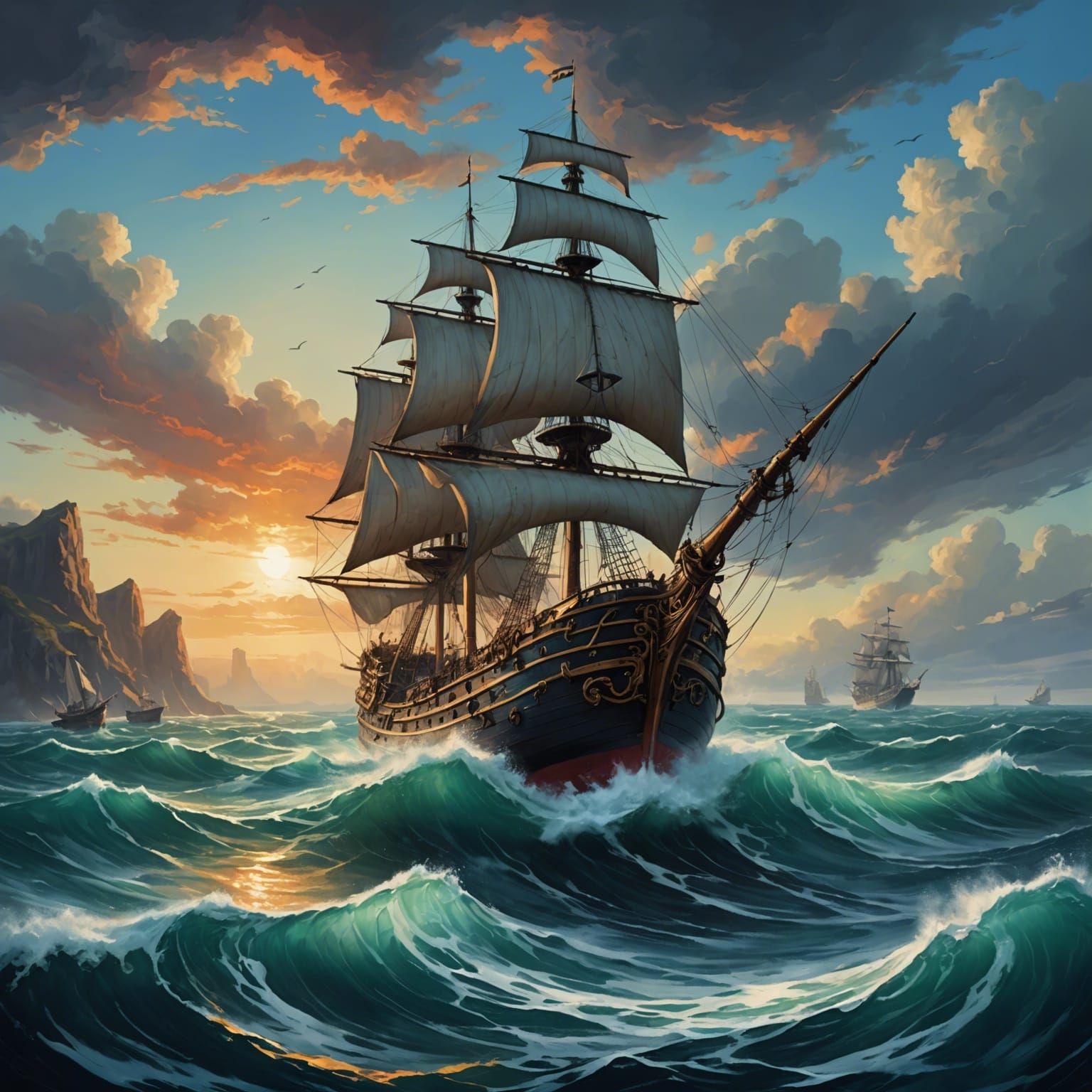 Fantasy Ship on High Seas Illustration