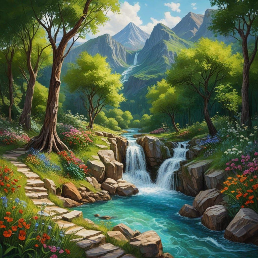 Impasto Cascade Hallucination whimsical landscape world created by dreams