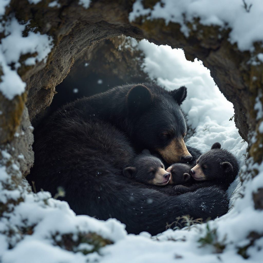Black Bear Family Hibernating in Winter Den