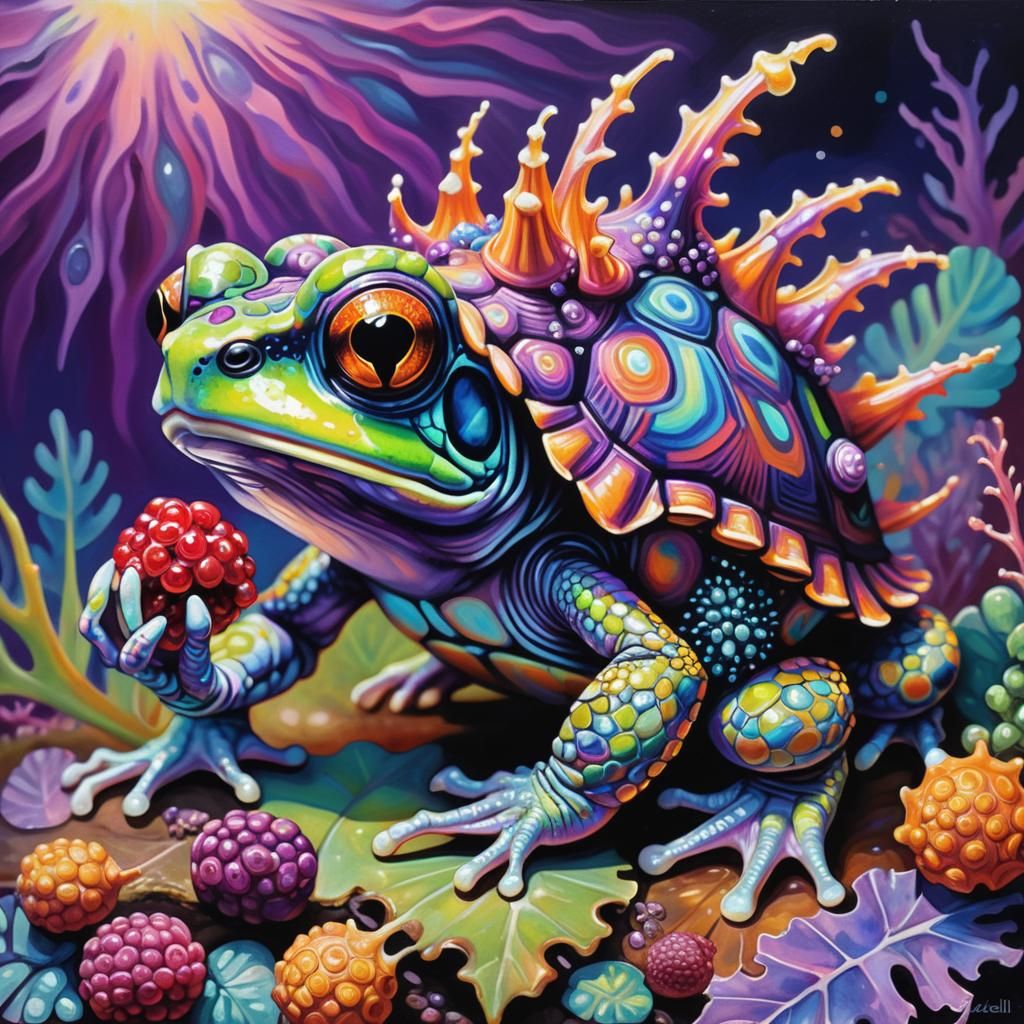Murex Frog-Tortoise with Berry, Fauvist Oil Painting