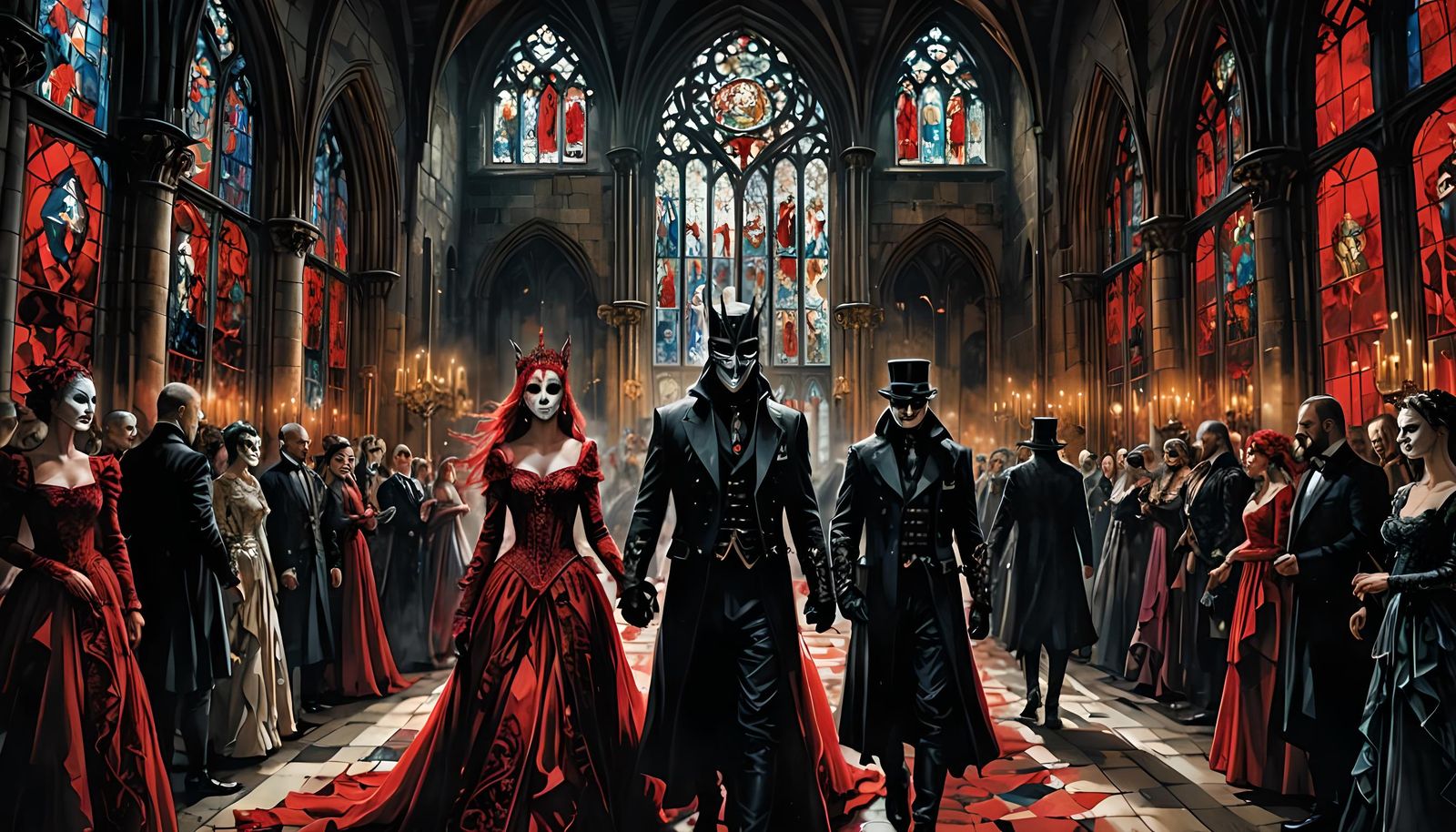 Sinister Masquerade Ball in Gothic Castle: Digital Illustrat...