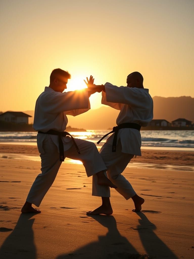 Karate Sparring at Sunrise on Okinawa Beach